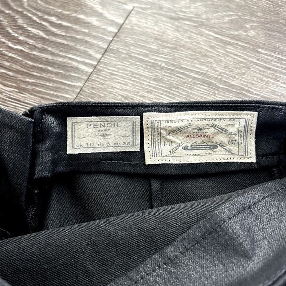 AllSaints Black Coated Denim Pencil Skirt US 6 High Rise Bodycon Slim Fit EUC - Picture 7 of 16